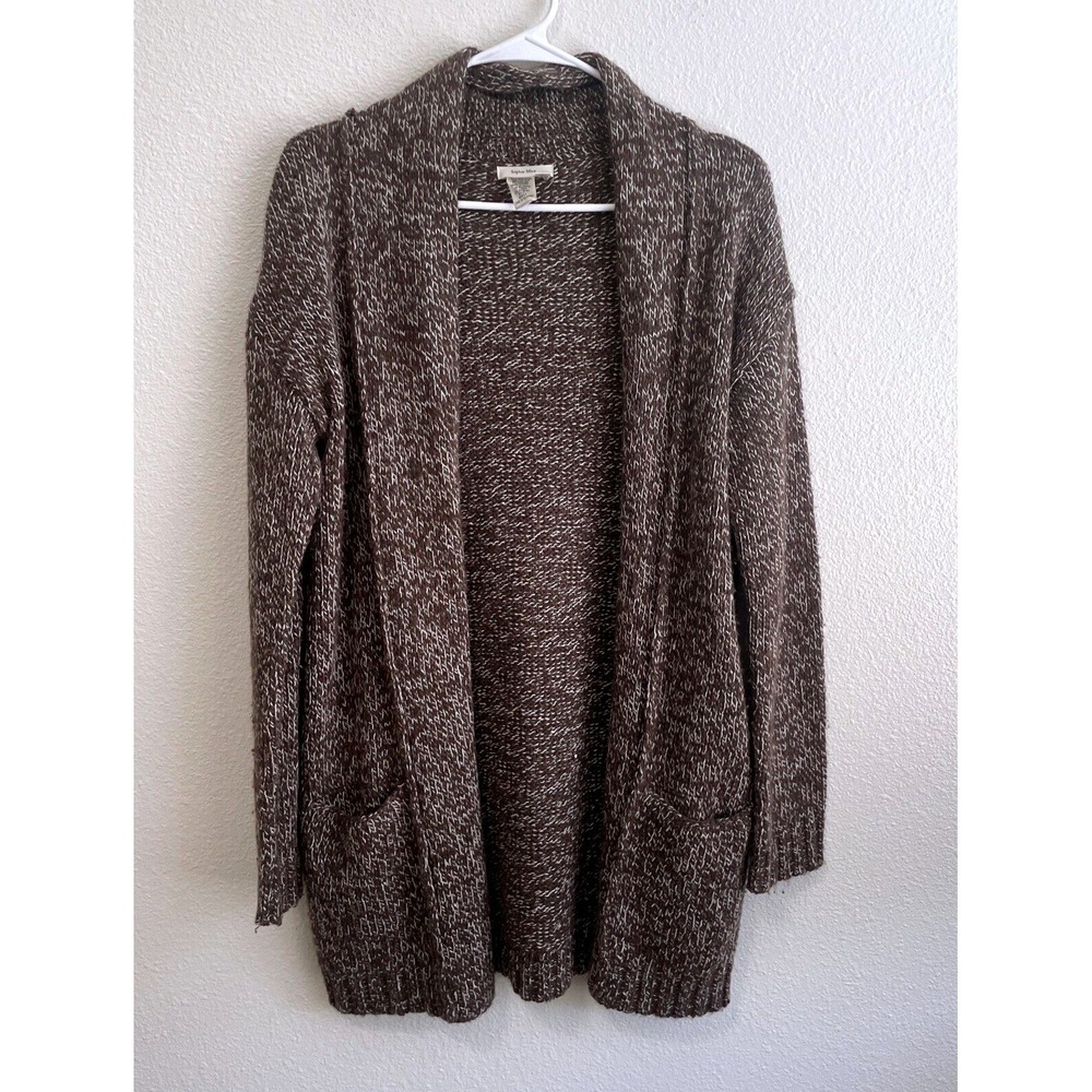 Sophie Max Women Small Duster Cardigan Open Front Knit Pockets Brown White Cozy